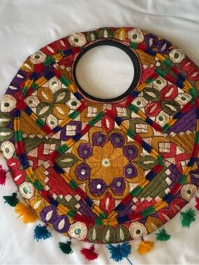 Embroidered Round Handbag with Multicolor Floral Design